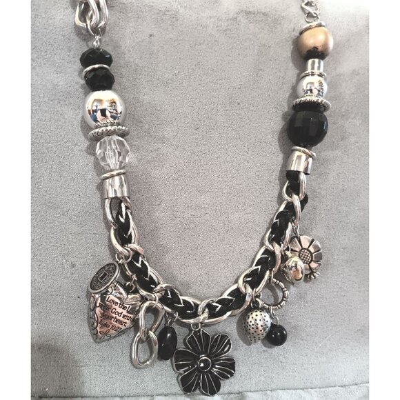 Chunky Silver-Tone & Black Charm Necklace With Braided Leather Chain & Assorted - Picture 2 of 4